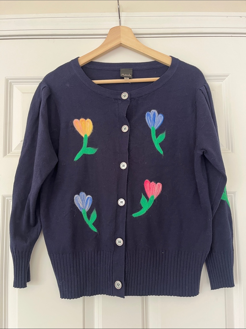 NWOT Aveda Navy Floral Embroidered Button-Front Sweater